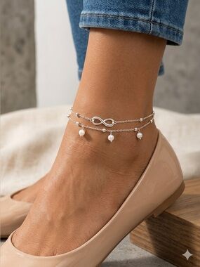 Boho Infinity Anklet with Pearl Charms | Double Layer Beach Jewelry